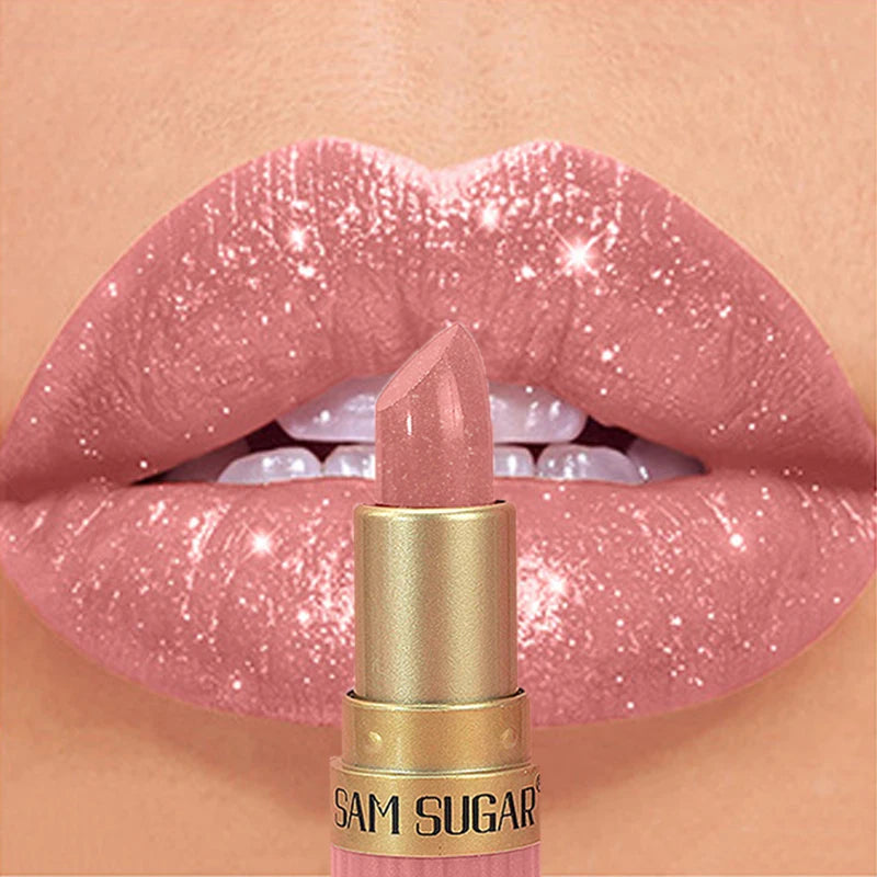 Diamond Pink Lipstick Chocolate Brown Metallic Glitter Lipstick Long-Lasting Waterproof Shimmer Pearl Sparkling Lip Gloss Makeup - Kimlud