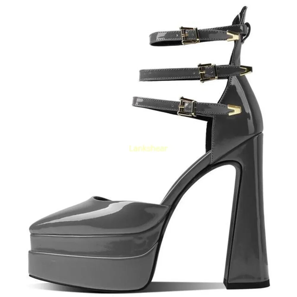 Platform Multi Strap High Heels Patent Leather Sexy Pointed Toe Square Heel Solid New Arrivlas Fashion Women Runway Shoes