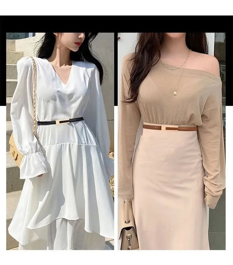 Korean Fashionable PU Leather Thin Waist Strap Belt for Women Metal Accessories Basic Casual Porous Adjustable Fashion Belts