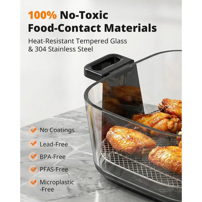 6.3 Qt Glass Air Fryer, 4 Settings & Manual, 105-400℉ Heat, 95% Less Oil, Auto-Pause, Safe for Dishwasher