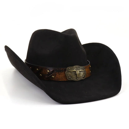 Western Big Brim Cowboy Hat Bull's Head Leather Band Suede Top Hat Outdoor Mens Hats Ladies Party Horse Riding Cowgirl...