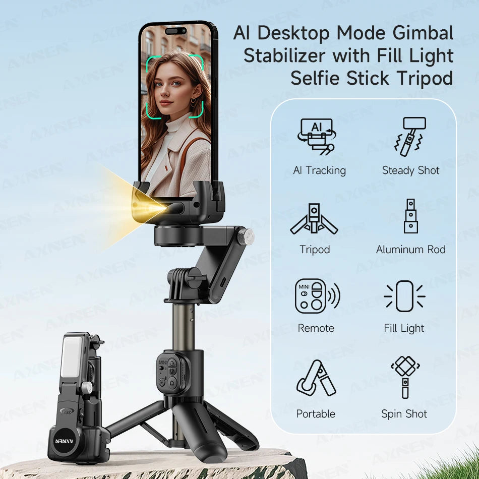 Gimbal Q19 AI Desktop 360° Auto Rotation Face Track Anti-Shake Selfie Stick Handheld Stabilizer with Fill Light for Smartphones