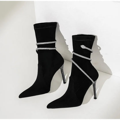 Autumn Winter Fashion Faux Suede Snake Coiled Women Boots Luxury Crystal Stiletto High heels Ankle Boots Shoes Botas Mujer