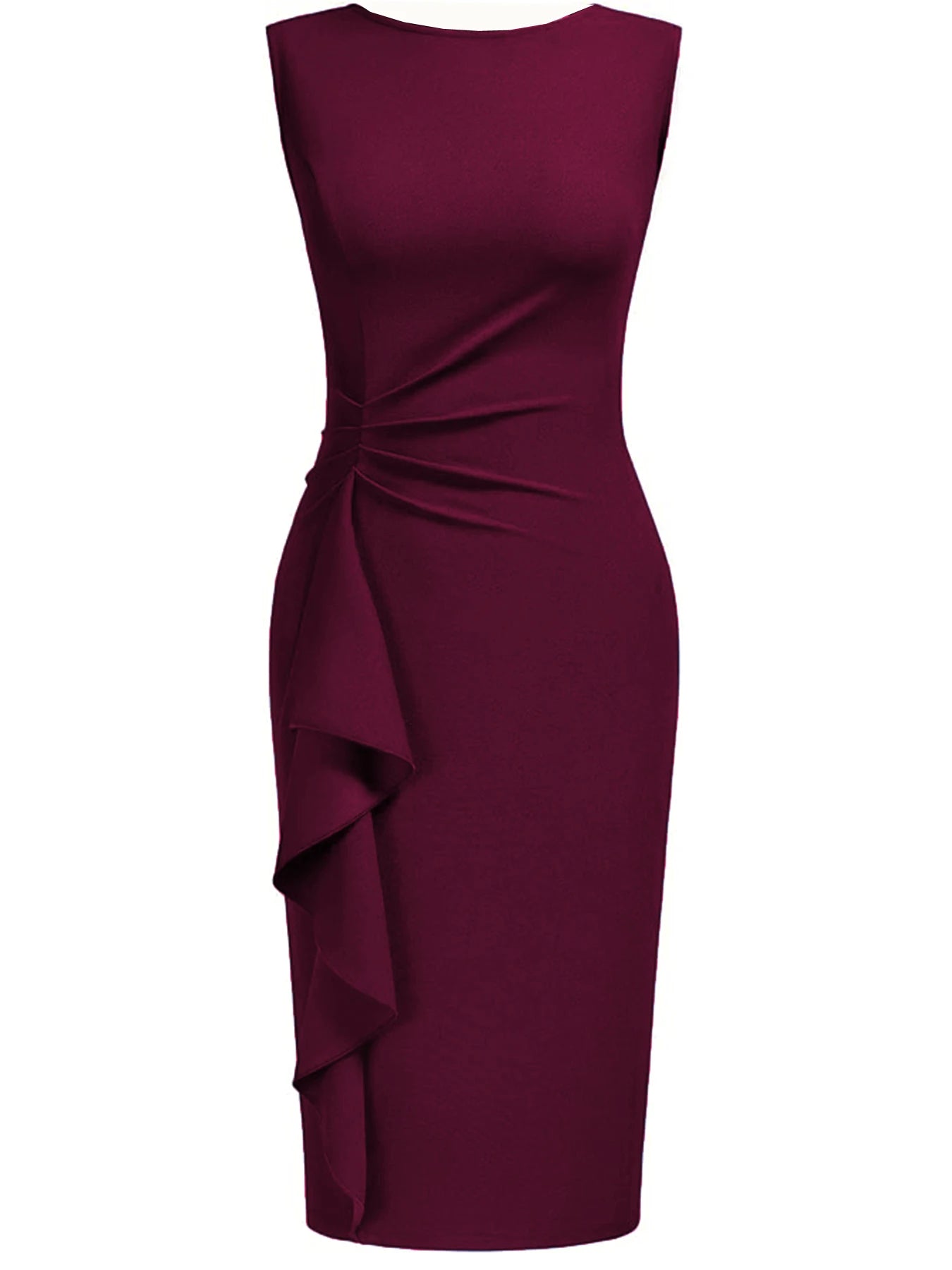 Women Elegant Crew Neck Sleeveless Retro Slim Work Office Cocktail Party Business Ruffle Casual Sheath Bodycon Pencil Dress - Kimlud