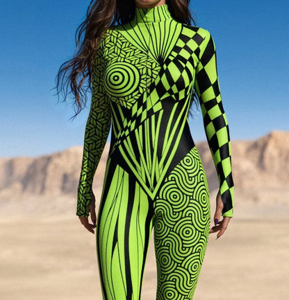 Women 3D Painted Cosplay Jumpsuit Cyberpunk Muscle Bodysuit Halloween Carnival Party Performance Zentai Suit Aerial Yoga