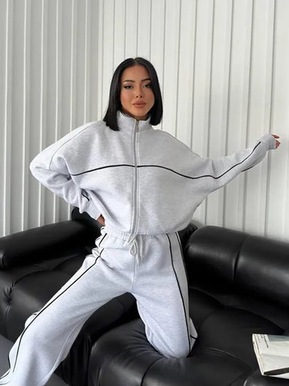 New 2 Piece Sets Women Outfit Casual Pant Set Sportswear Long Sleeve Cardigan Lace Up Clothing Two Piece Suits Zipper Sweatshirt - Kimlud