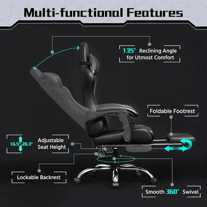 Ergonomic Gaming Chair with Builtin Massage Lumbar Support and Adjustable Footrest for Extended Gaming and Work Sessions Height