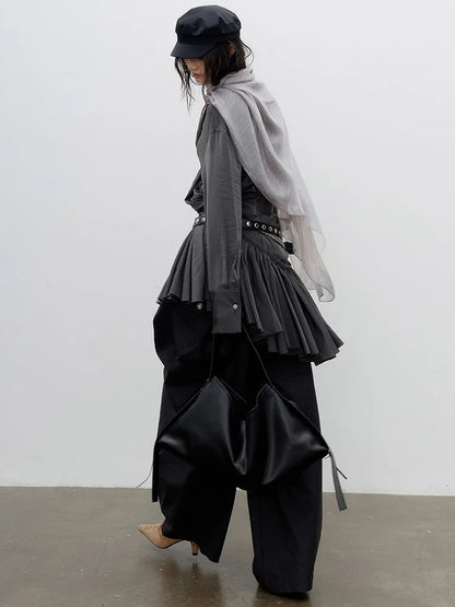 [EAM] Women Gray Pleated Irregular Burr Hem Elegant Shirt Dress New V-neck Long Sleeve Fashion Tide Spring Autumn 2026...