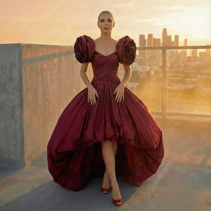 Burgundy Floral Party Dresses Custom Made Prom Dress Taffeta Pleated Long Prom Gowns Asymmetrical Long V Neck Women Dress - Kimlud