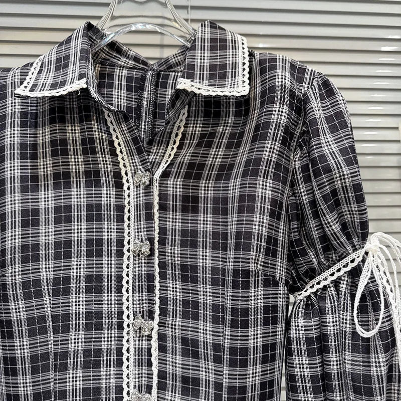 DEAT 2026 Spring New Style Plaid Pattern Bow Tie Long Sleeve Shirt Dresses For Women Contrast Color Sweet Dress Female 11A08637