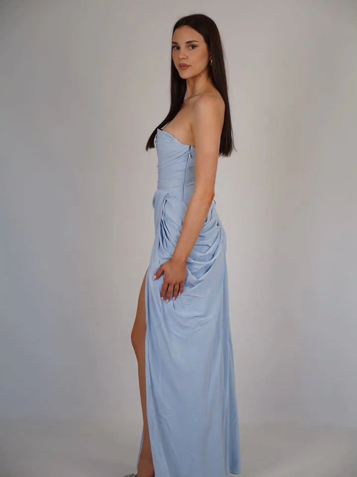 Ofherown Light Blue Strapless Evening Dress Prom Gown Ruched Chiffon Formal Party Dress With Lace-Up Back High Slit
