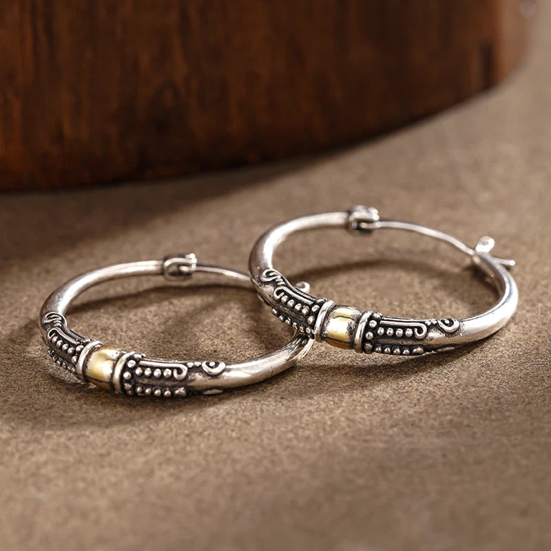 Huitan Vintage Two Tone Bohemian Style Hoop Earrings for Women Engraved Design Novel Trendy Party Big Circle Statement Jewelry