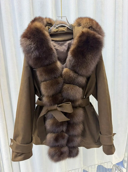 CXFS Luxury Real Fox Fur Hooded White Duck Down Jacket Women Suede Slim Parkas Winter Warm Thick Belted Elegant Fashion Coat