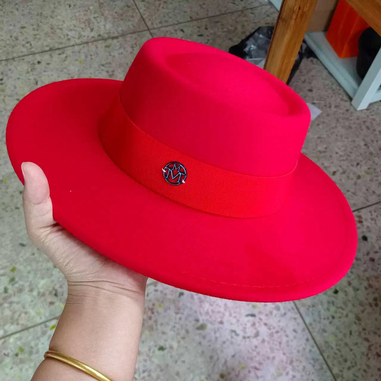 French felt hat Flat-top  Autumn and winter felt hats Letter accessories women's wide-brimmed hat sombrero fedora  sombrero