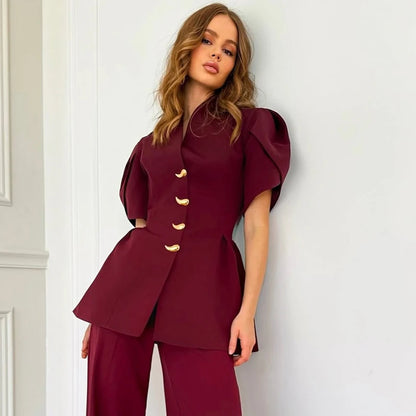 Linad Elegant Wine Red Puff Sleeve Woman Blouse 2026 Vintage Single Breasted Tops Spring Street Chic Black V Neck Ladies Tops - Kimlud