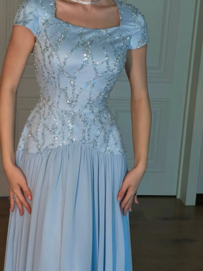 Elegant Square Neck Evening Dress Short Sleeve Sequin Embellished Top Pleated Chiffon Floor Length Wedding Guest Maxi Gown