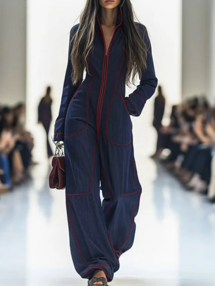 Women Stand Collar Zip Up Jumpsuit Long Sleeve Contrast Stitching Wide Leg With Pockets Casual Streetwear Party Holiday Outfits