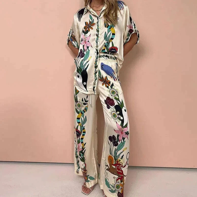 Long Sleeve Long Pant Sets Women  Retro Lapel Single Breasted Blouses Trousers 2 Piece Set Printed Color-blocking Elastic Waist