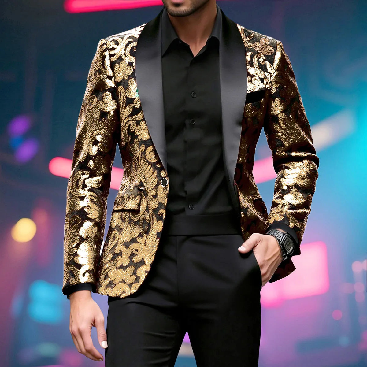 Shiny Sequin Embellished Single Button Stage Performance Outerwear in Blue Gold Green Purple Options for Men's Red Suit...