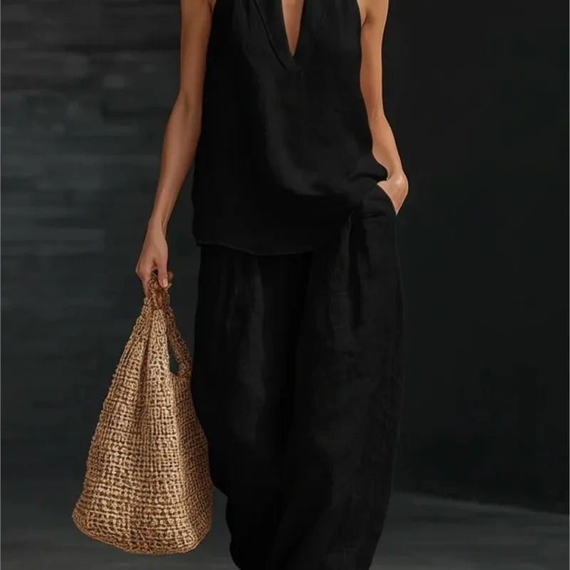 Casual Solid Set For Women Fashion Solid Sleeveless V Neck Tops+High Waist Wide Leg Pants 2 Piece Sets Lady Holiday Women's