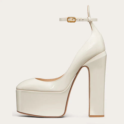Women New European And American Style Super High Heels Patent Leather Round Toe Thick Sole Large Size Thick Heel Shoes