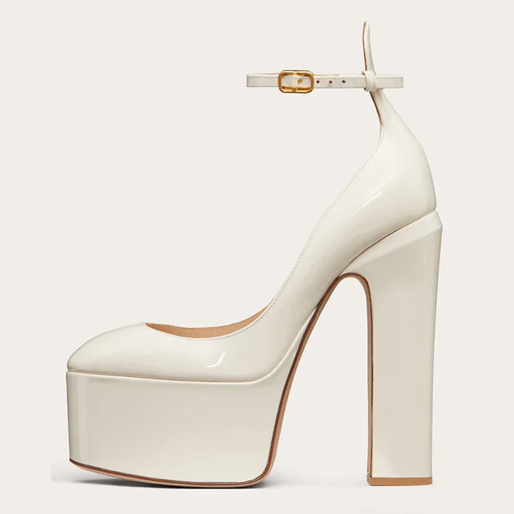 Women New European And American Style Super High Heels Patent Leather Round Toe Thick Sole Large Size Thick Heel Shoes