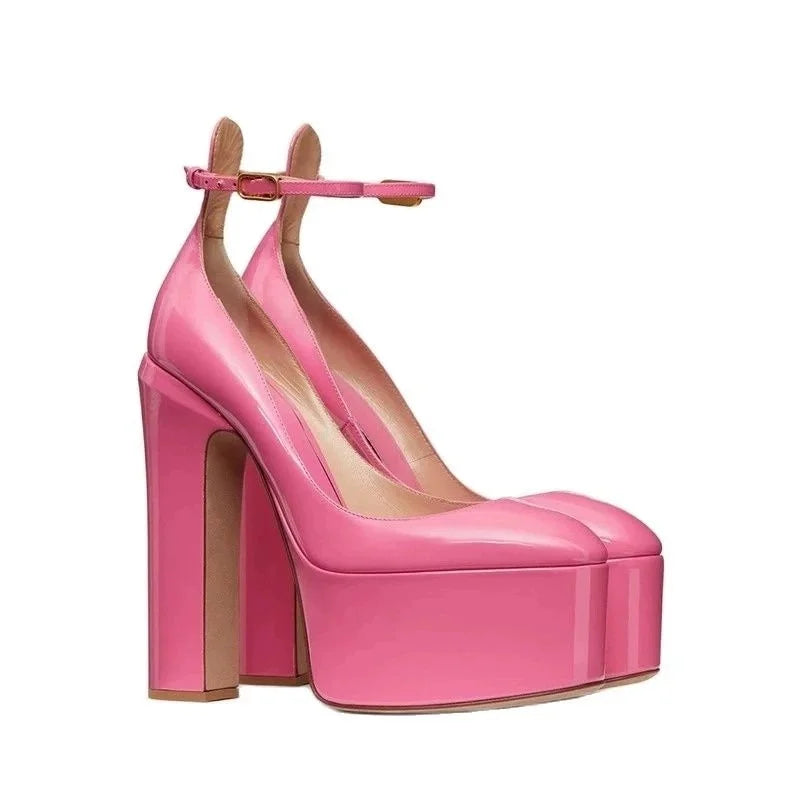 Europe And America Ultra High Heels Platform Women's Sandals Round Toe Crude Heel Female Pumps Patent Leather Lady Single Shoes - Kimlud