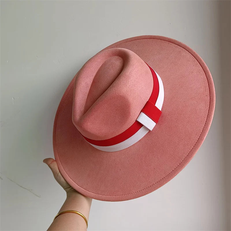 Colorblock Ribbon Colorful Suede Hat Autumn and Winter Women's Felt Hat Wide Brim Hat British Style Retro Men's Gorras Hombre - Kimlud
