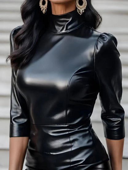 Women's PU Leather Turtleneck Slim Fit Blouse 3/4 Sleeve Windproof Motorcycle Tops Streetwear Fashion