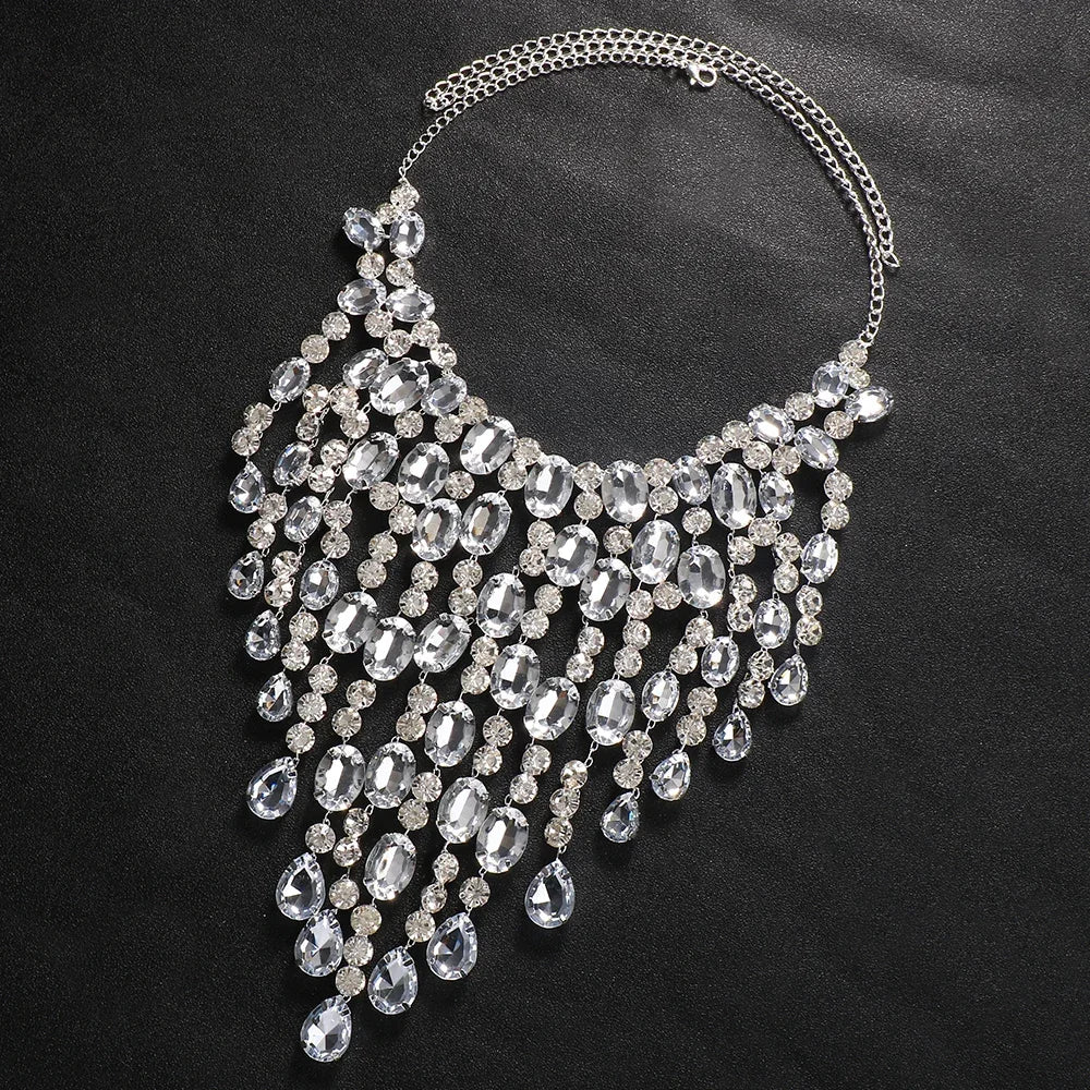 Exaggerated Big Necklace Crystal Women Luxury Statement Jewelry Rhinestone Fringe Tassel Choker Necklace Large Masquerade Gift