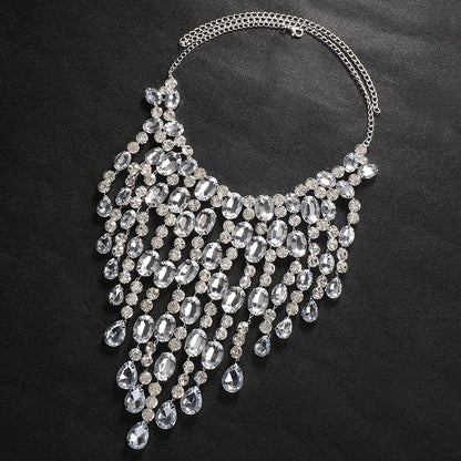 Exaggerated Big Necklace Crystal Women Luxury Statement Jewelry Rhinestone Fringe Tassel Choker Necklace Large Masquerade Gift