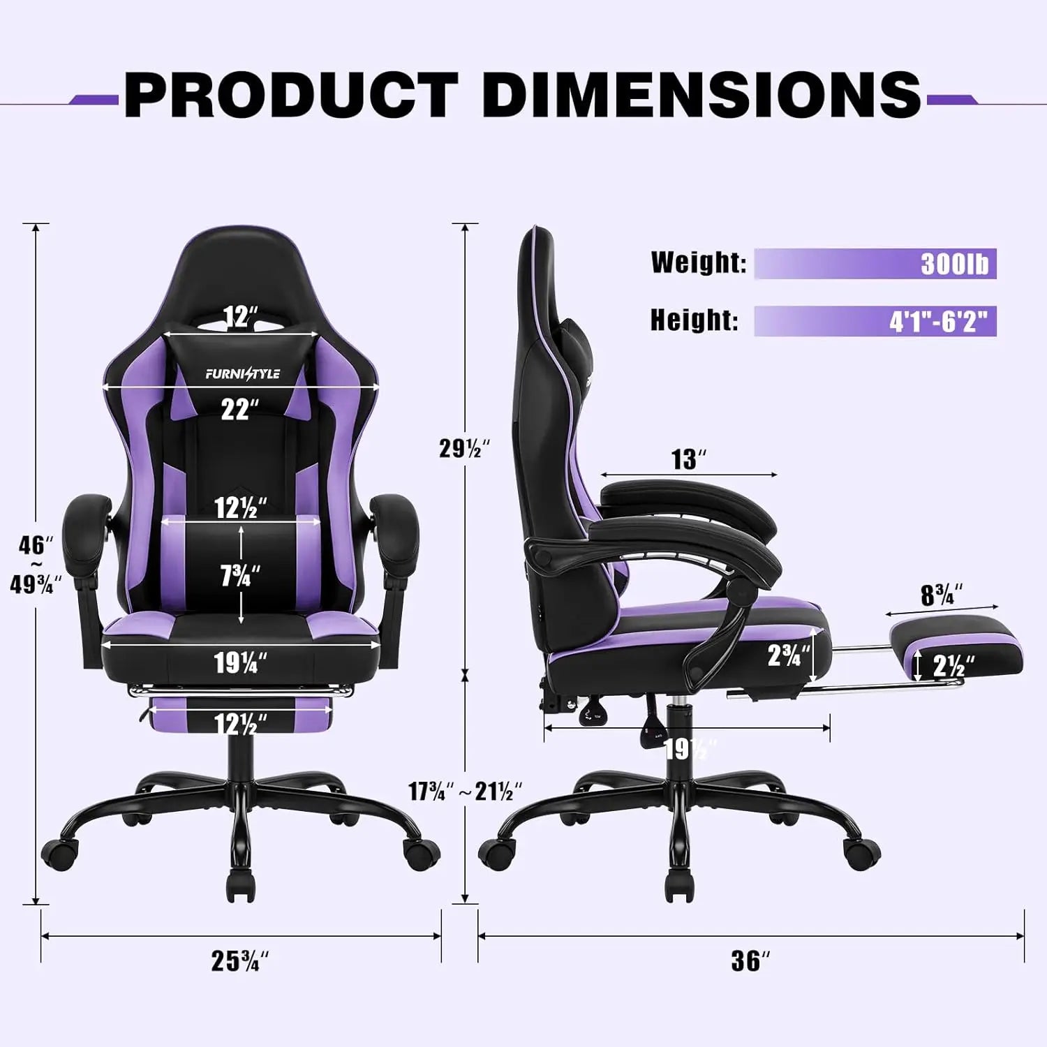 Purple Ergonomic High-Back Gaming Chair for Adults and Teens with Extended Footrest and Removable Headrest, Comfortable Computer