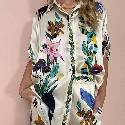Long Sleeve Long Pant Sets Women  Retro Lapel Single Breasted Blouses Trousers 2 Piece Set Printed Color-blocking Elastic Waist