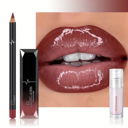 3PCS Ombre Lip Kit: Lip Liner + Lip Gloss + Lip Oil, Gradient Lips Makeup, Nude Shades, Hydrating, Non-Sticky