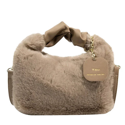 New Fashion Women Lady Shoulder Underarm Bag Solid Color Soft Plush Handbag Fluffy Totes Purse Autumn Winter Shopping Bag