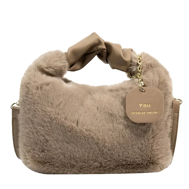 New Fashion Women Lady Shoulder Underarm Bag Solid Color Soft Plush Handbag Fluffy Totes Purse Autumn Winter Shopping Bag
