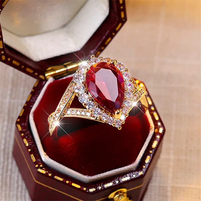 Luxury Female Red Water Drop Zircon Stone Engagement Ring Trendy Gold Color Bride Wedding Jewelry Gift For Women