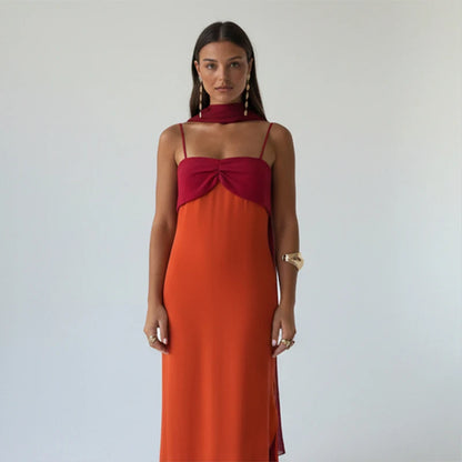 Women Color Blocking Scarf Collar Sling Dress Sexy Waist Cinching Split Bodycon Slim Fit Dresses 2026 Lady Highstreet...