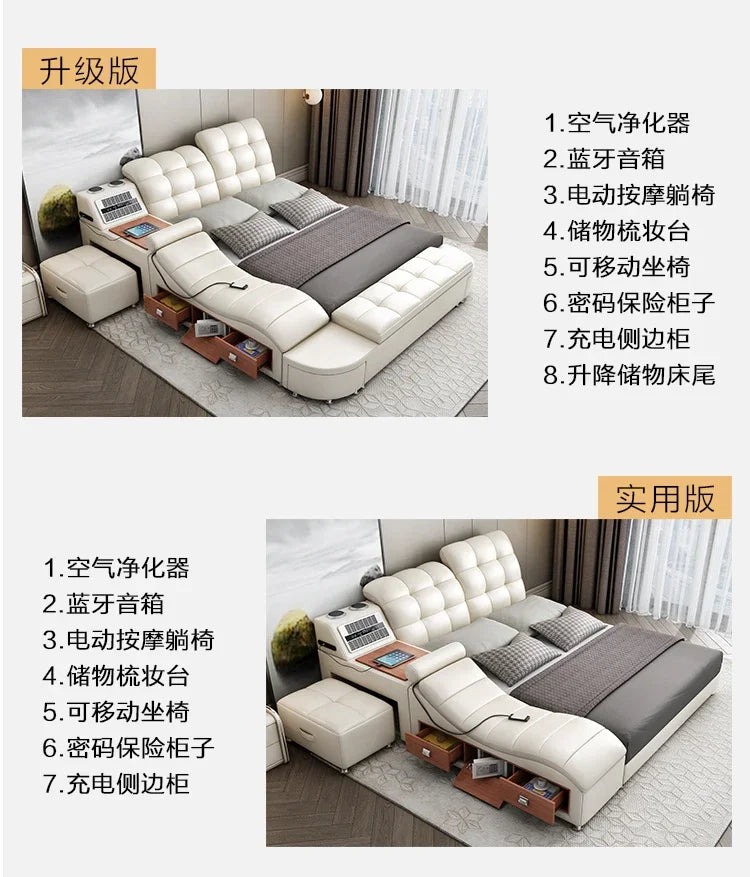 Genuine Leather Tech Smart  Multifunctional Beds Massage Modern Luxury Camas Upholstered With Bluetooth Speaker,Air Cleaner