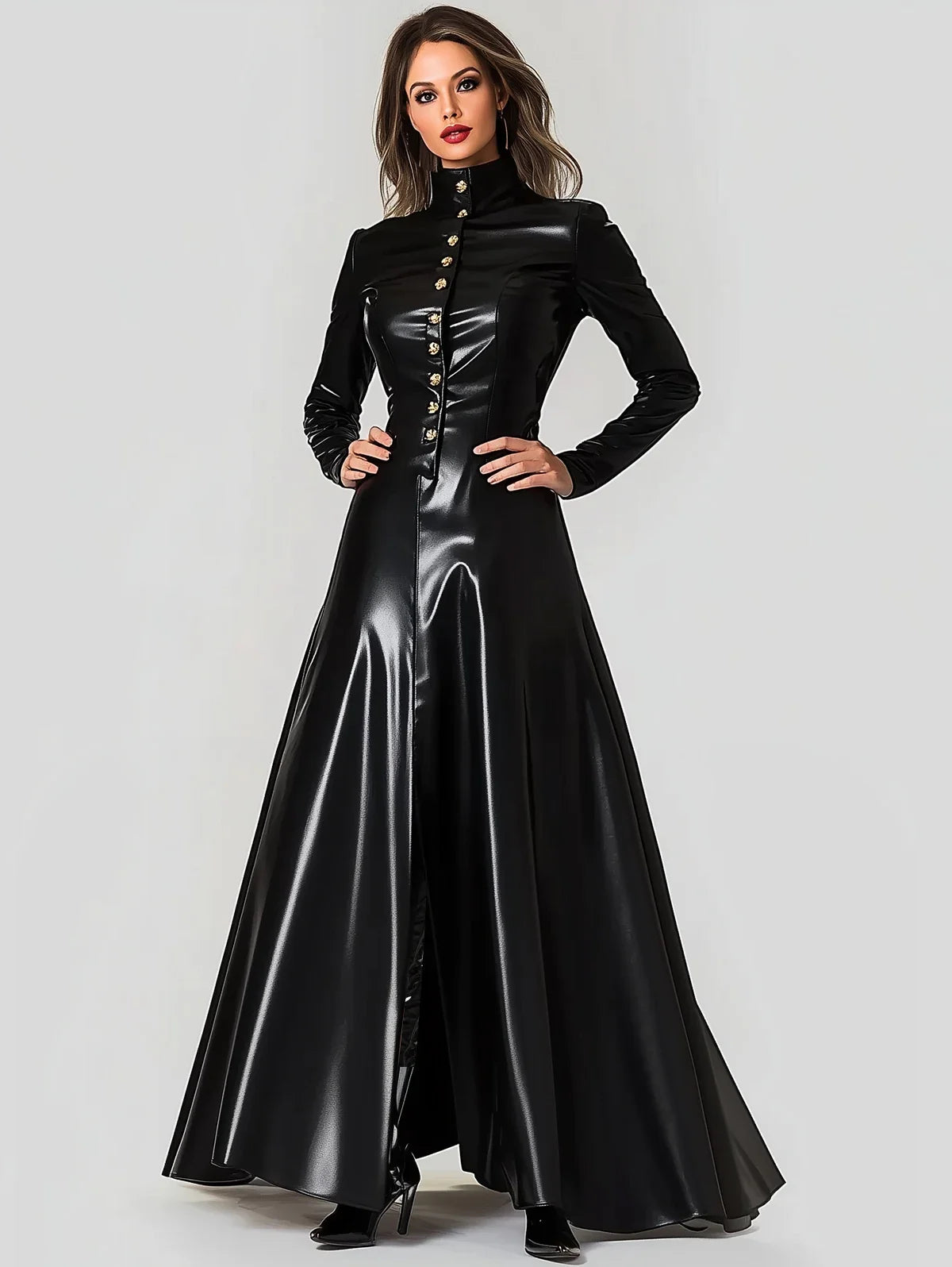 PU Faux Leather Long Dress Button Turtleneck Long Sleeve Elegant Vintage Casual High Street Slit Hem Maxi Dresses for Women 2025