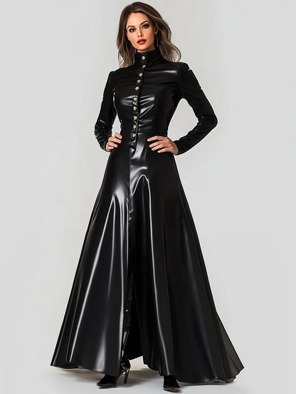 PU Faux Leather Long Dress Button Turtleneck Long Sleeve Elegant Vintage Casual High Street Slit Hem Maxi Dresses for Women 2025