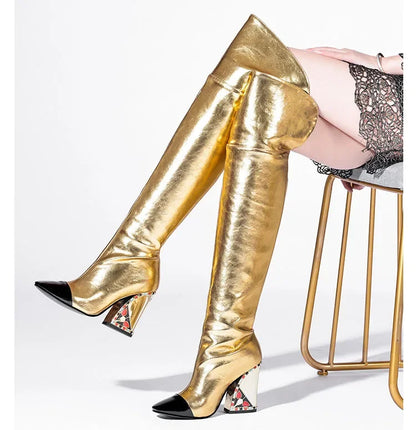 Colored Rhinestone Cowhide Mid Tube/knee Length Boots Thick Heeled Square Toe Black Gold Runway Runway Performance High Heels