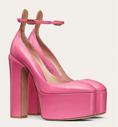 Women New European And American Style Super High Heels Patent Leather Round Toe Thick Sole Large Size Thick Heel Shoes