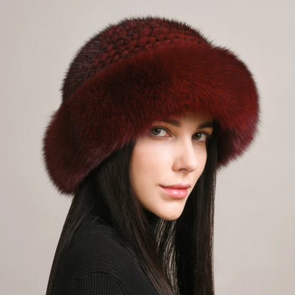 New Genuine Real Natural Knitted Mink Fur Hat Luxury Women Handmade Knit Fashion Winter Headwear Warm Real Fox Fur Beanies Caps