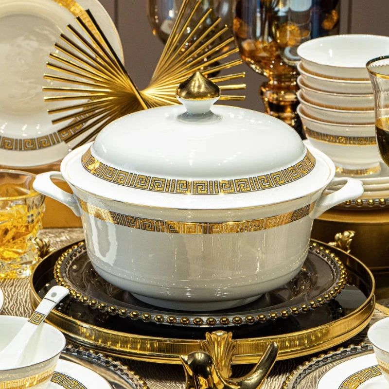 Fine Bone China Dinnerware Sets Home Kitchen Luxury Guests Wedding Tableware Set Gold Plates Jogo De Jantar Dinnerware Sets