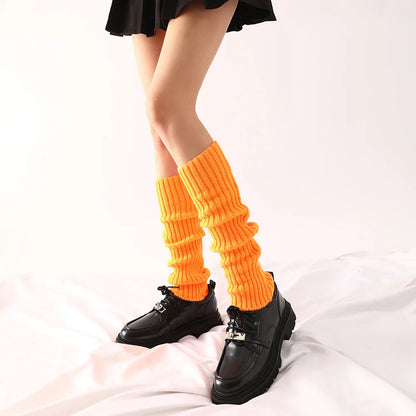 Women Halloween 80s Neon Colored Knit Leg Warmers Ribbed Bright Footless Socks Punk Black Knee High Gothic Hip-hop Rock Sock