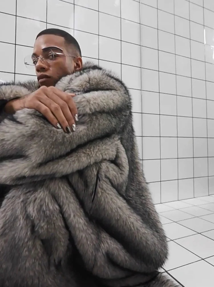 New men's fur coat, fox fur lapels, long trendy overcoat, winter windproof and warm trench coat, large size | Kimlud...