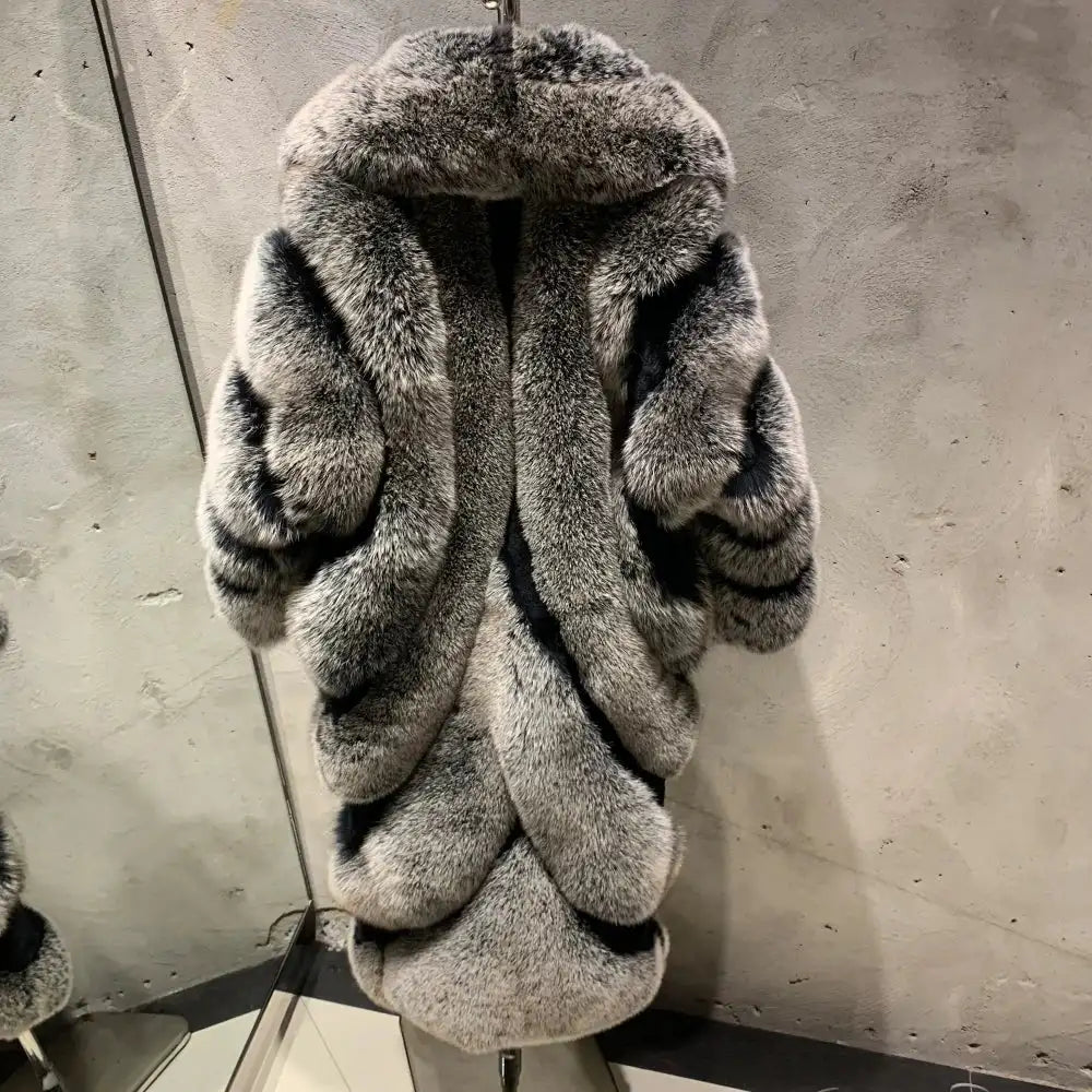High End Customization Diagonal Stripe Fur Jacket Extra Long Floor Full Length Luxury Silver Fox Fur Coat with Big Collar