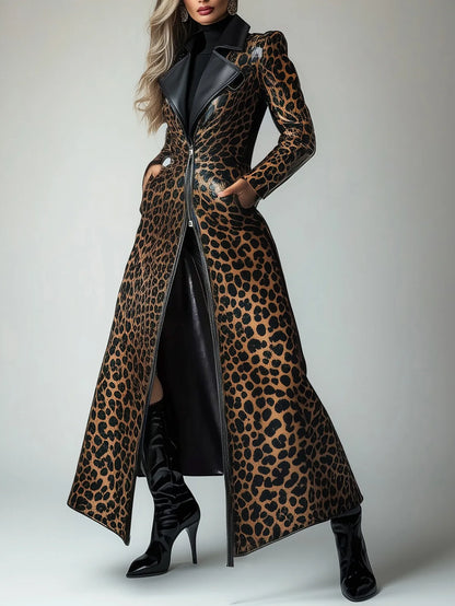 PU Leather Leopard Pattern Zipper Pocket Trench Coat