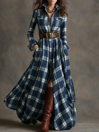 2025 Retro Plaid Print Slit Long Dresses Woman Elegant Turn-down Collar Button Maxi Dress Autumn Long Sleeve Pocket Boho Dress
